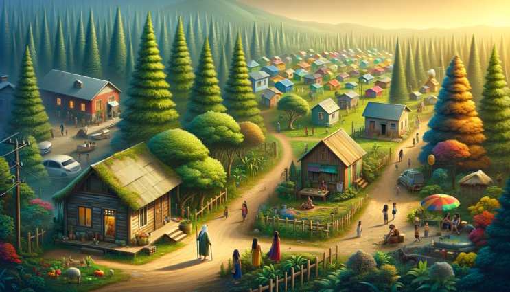DALL·E 2024-01-21 17.40.03 – A serene village scene with small colorful houses and gardens, children playing in the streets, and a simple hut in a nearby forest. The forest is lus