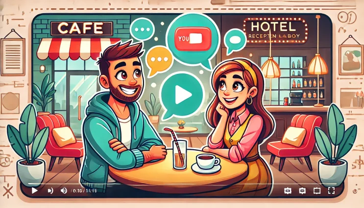 DALL·E 2024-11-01 12.48.57 – A YouTube video thumbnail in cartoon format featuring a friendly conversation between a man and a woman. They are sitting at a café table on one side,